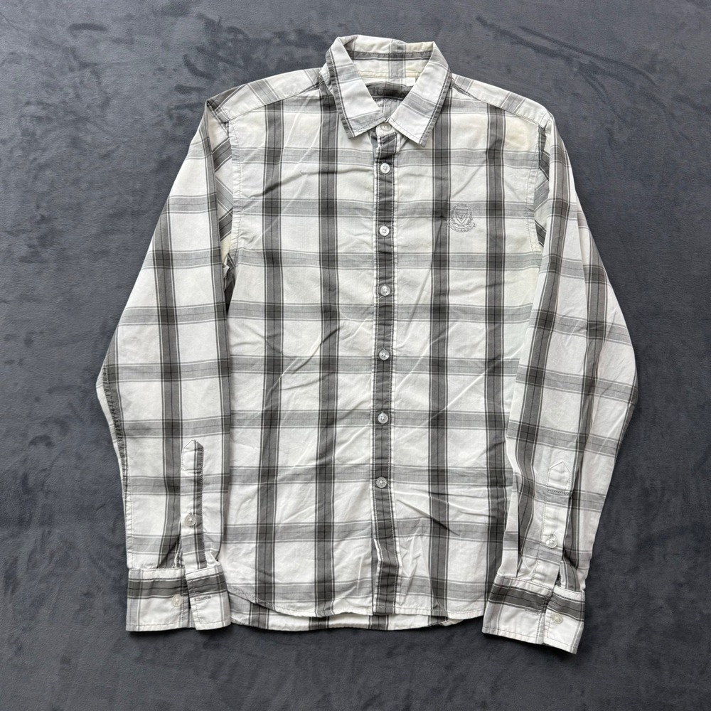 Guess Mens Slim Fit Long Sleeve Plaid Button Down Shirt Grey White Small